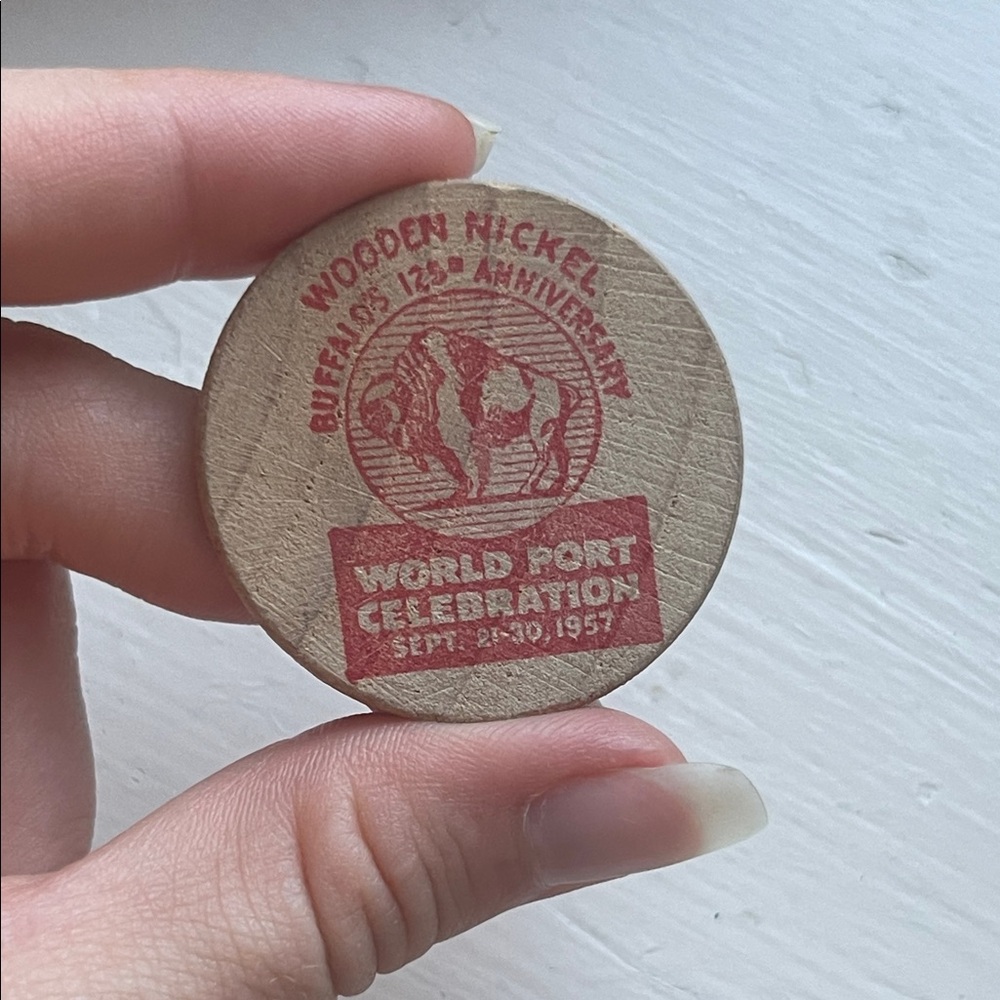 Vintage Wooden Nickel with Red Print